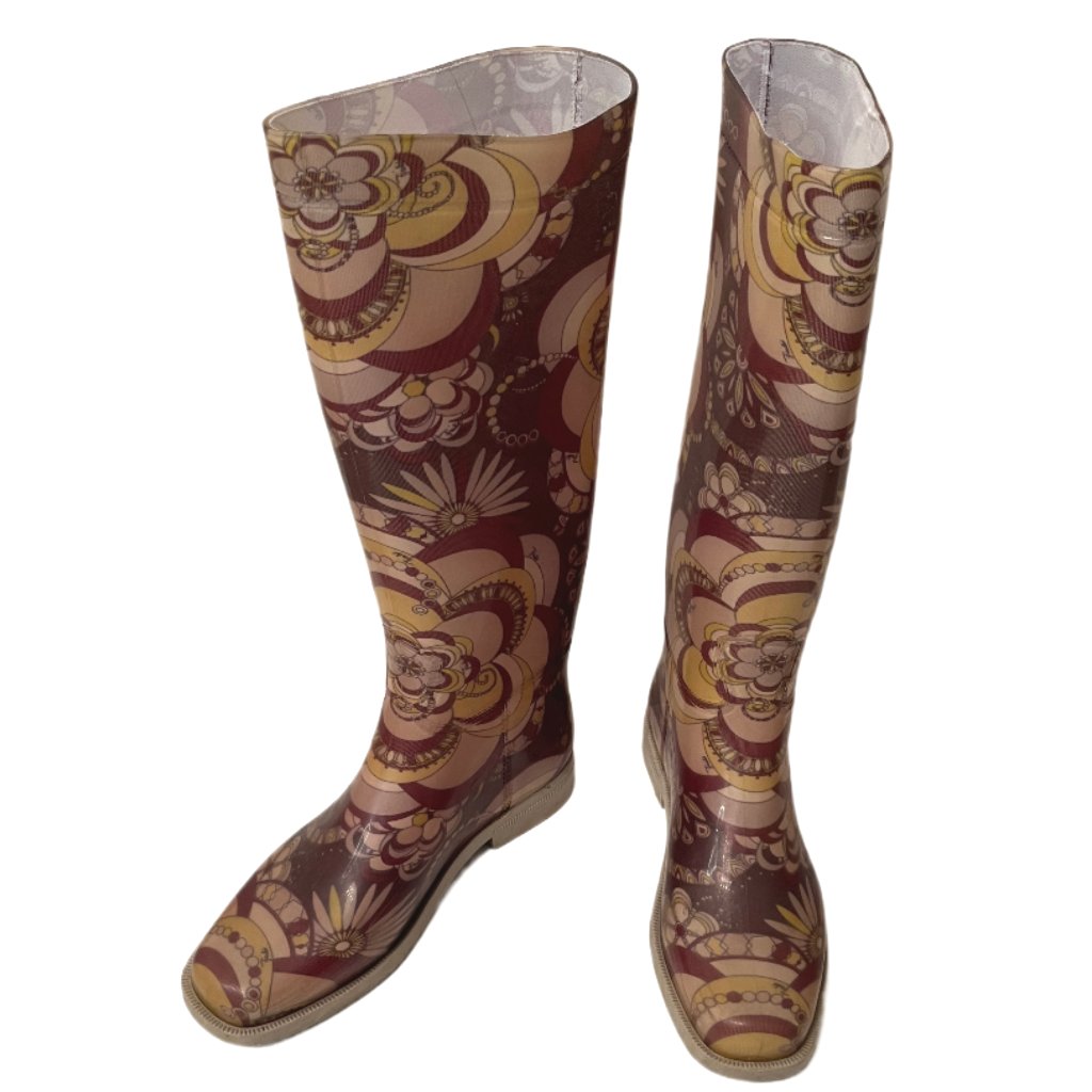 Emilio Pucci Pink, Brown & Beige Knee High Rubber Rain Boots Size 37/Us Size 6.5